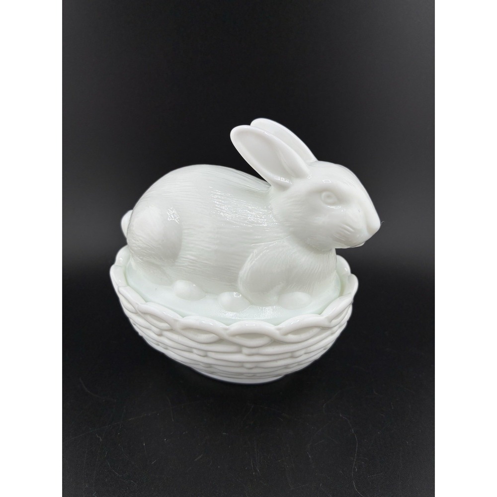 Mosser Glass milk glass bunny on a basket figurine
